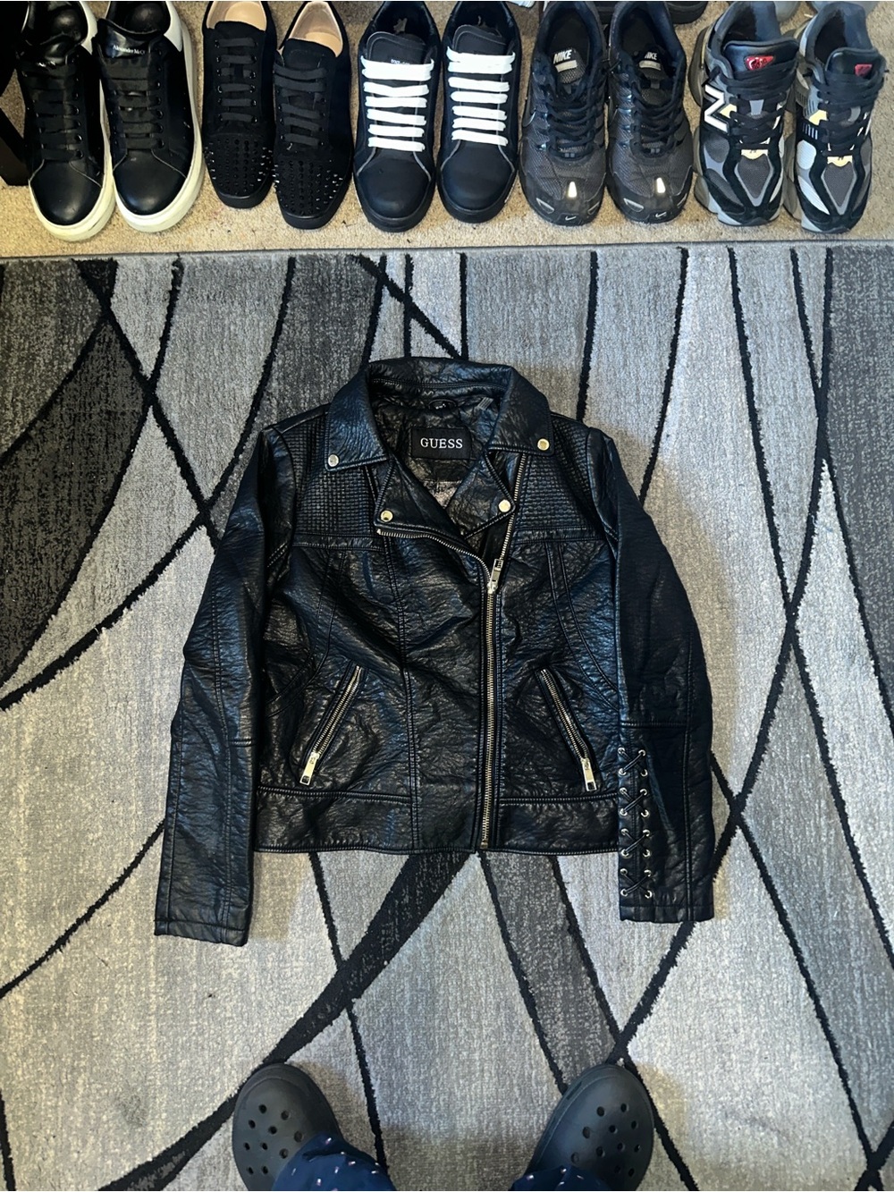 Guess Black Leather Bomber Jacket with White Logo Patch